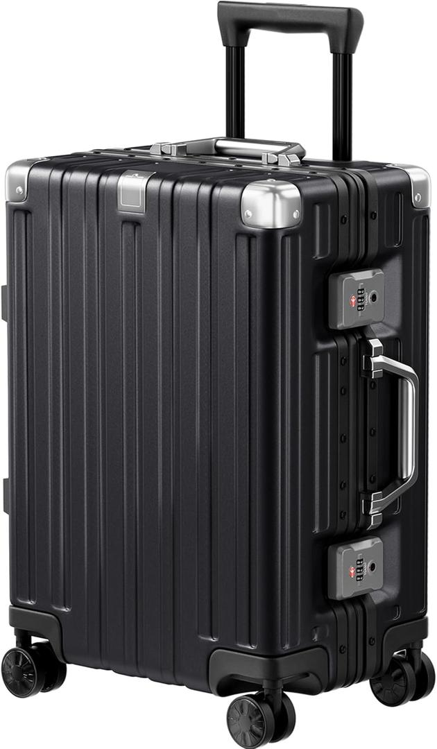 Krute Carry On Luggage Aluminum Frame No Zipper Metal Hardshell PC+ABS Luggage Noble TSA Airline Approved Suitcase with Spinner Wheels 20 Inch Black