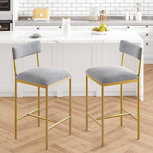 GarveeHome Bar Stools Set of 2, Upholstered Counter Height Bar Stools with Backrest and Footrest, Kitchen Barstools for Island, Counter Bar, Easy Assembly, Gold-Gray