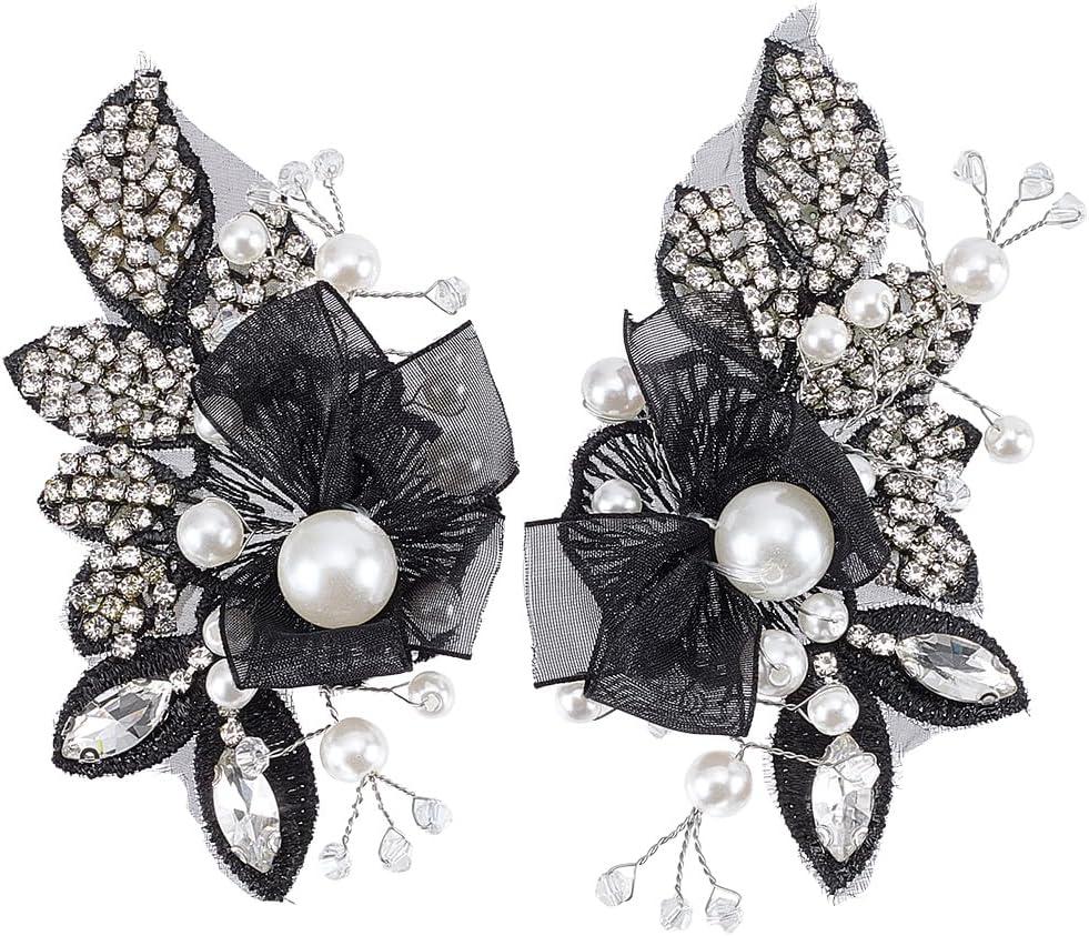 FINGERINSPIRE 1 Pair 4.4x2.5x0.5inch White Pearl Beaded Applique Rhinestone Flower Patch DIY Crafts Wedding Dress Embellishment for Bridal Hair Comb Decoration Black Floral Sew On Decoration
