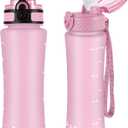 OLDLEY Water Bottle with Straw & Chug Lid for Kids Girls Child, 15 oz Leak-Proof BPA-Free Motivational Water Bottles with Time Marker for School Travel Sports Gym, 2 Lids, Candy Pink