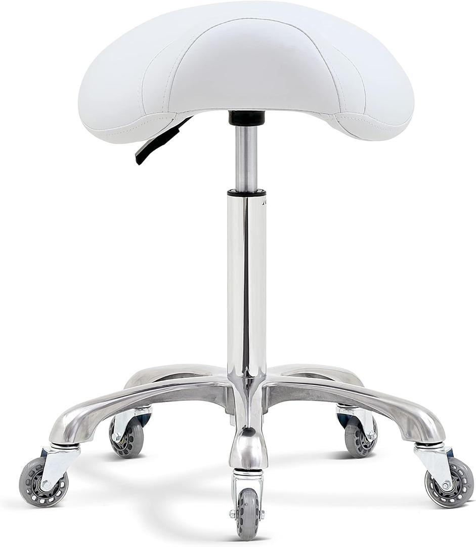 Antlu Saddle Stool Chair for Massage Clinic Spa Salon Cutting, Saddle Rolling Stool with Wheels Adjustable Height (White), without Backrest