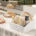 Wooden Paper Plate Caddy Organizer for Countertop, Rustic Paper Plate Dispenser and Holder, Silverware Utensil Caddy for Party with 6 Detachable Compartments for Plate, Cup, Fork, Spoon(White)