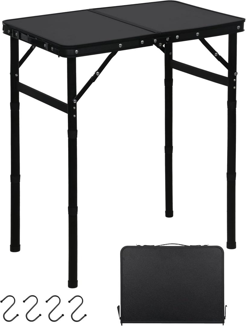 LOFTEY Small Folding Camping Table, 2ft Aluminum Portable Folding Table, 3 Adjustable Heights | Portable Handle | Lightweight for Travel & Outdoor, 23.6" x 15.7" x 27.5"H, Black