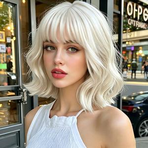 Platinum Blonde Wigs for Women 14 Inch Wavy Bob Wig with Bangs Natural Looking Synthetic Wigs for Daily Party Cosplay Use