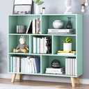 IOTXY Wooden Open Shelf Bookcase - 3-Tier Floor Standing Display Cabinet Rack with Legs, 7 Cubes Bookshelf, Tiffany-Green (80CM)