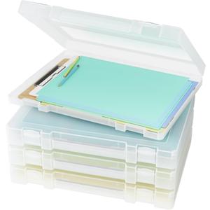 Denkee Large Paper Storage Box, 4 Pack Plastic Scrapbook Paper Storage Organizer with Handle for A4, 8.5 x 11 US Letter, Portable File Document Case, Board Game Storage (White)