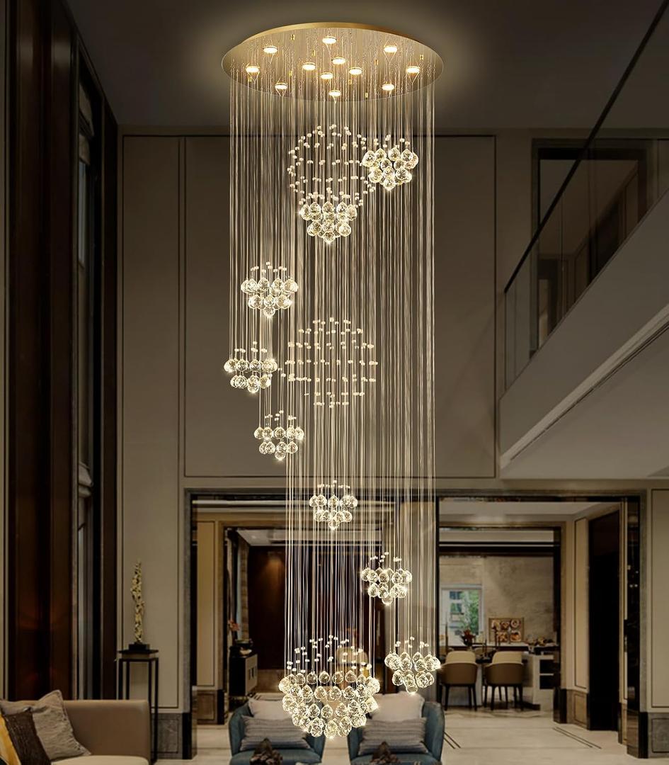 118'' Modern Large Chandelier for Foyer Raindrop Crystal Chandeliers LED Dimmable High Ceiling Flush Mount Light Fixtures for Staircaes Hallway Entryway Gold, D32'' x H118''