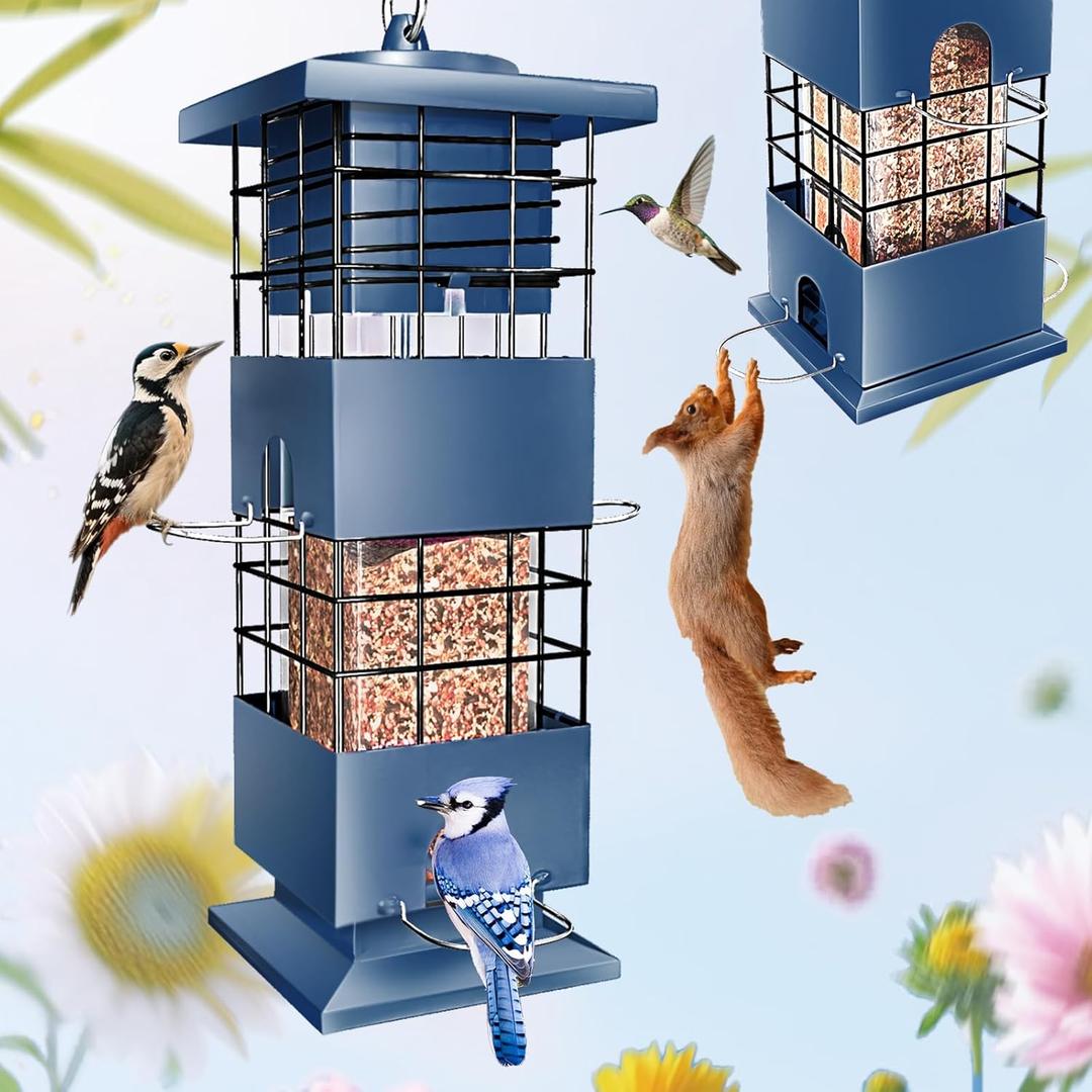 Squirrel Proof Bird Feeder,3Lbs Metal Birdfeeders Squirrel Proof with 4 Feeding Ports forOutdoors Hanging, Birdseed Feeder for Cardinal, Sparrow,Bluejay,Outside (Blue)