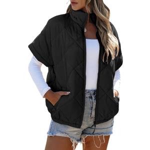 SHEWIN Quilted Jackets For Women 2025 Casual Lightweight Short Sleeve Zip Up Warm Vests (X-Large, Black)