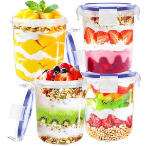 Szsrcywd 4 Pcs Overnight Oats Containers with Lids,16 oz Plastic Oatmeal Prep Container Jars,Reusable Cereal Yogurt Fruit Storage Cups for Breakfast Lunch Picnics