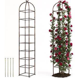 Heavy Duty 8.4 FT Garden Obelisk Trellis for Climbing Plants Outdoor, Rust-Resistant Large Metal Plant Support Tower with Bird Topper & Ground Stakes, Yard Art Decor for Roses Clematis Vines (Bronze), 8ft x 16in