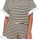 Tankaneo Womens 2 Piece Striped Shorts Set Ruffle Short Sleeve Tops Hight Waist Shorts Matching Sets Summer Vacation Outfits (Beige)