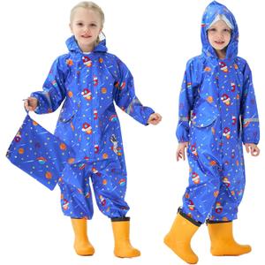 Kids Toddler Rain Suit for Boys Girls One Piece Hoodie Zipper Cartoon Waterproof Coverall Rain Jacket 1-10 Years (7-9 Years, Blue)