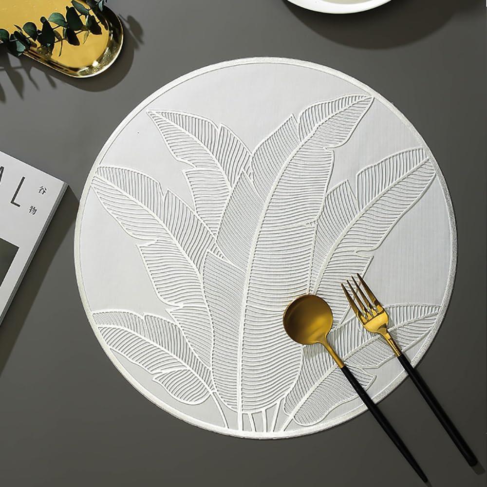 pigchcy Silver Round Placemats Set of 6 for Dinner Table, Metallic Circle Vinyl Place Mats Decor Wedding Accent Centerpiece Plantain Leaves Design