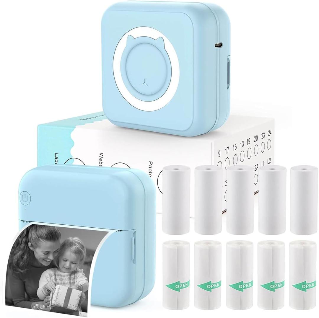 HUIJUTCHEN Mini Blue-Tooth Printer, Wireless Sticker Printer with 10 Rolls Paper for iPhone/Android