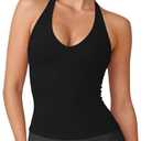 Ieumaz Women's Halter Neck Tank Top with Built in Bra Shelf Sleeveless Backless Longline Gym Yoga Workout Tops for Women Black, Medium