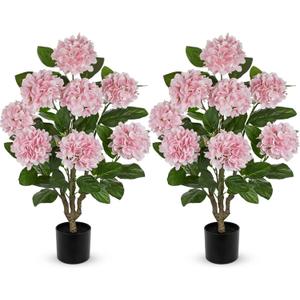 3FT Pink Hydrangea Artificial Flowers Tree 2 Pack Large Real Touch Faux Silk Hydrangea Plants Potted Fake Flower in Black Pot for Home Indoor Outdoor Front Porch Garden Entrance Living Room Decor