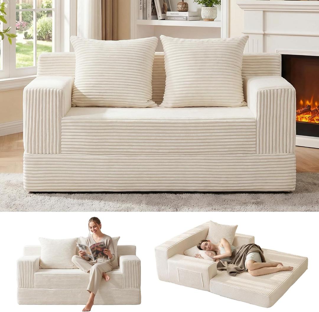 Erament Convertible Sofa Bed, Loveseat Folding Floor Futon Sleeper Sofa Couch Bed- Boneless Foldable Couch, Corduroy Pull Out Sofa Bed with 2 Pillows for Living Room & Bedroom, 54''