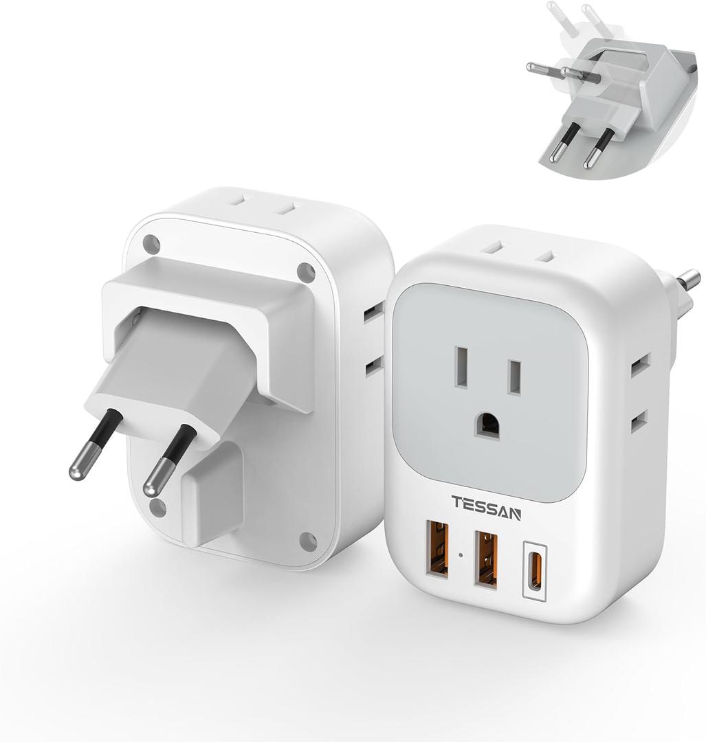 TESSAN European Travel Plug Adapter 2 Packs, Type C Europe Adaptor Foldable Plug 4 Outlets 3 USB(1 USB C PD 20W), US to Spain France Italy Germany Denmark Iceland European Travel Must Haves