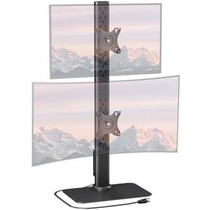 UPGRAVITY Dual Monitor Stand with Built-in Power Outlet, Vertical Stack Freestanding Monitor Mount for 13-32 inch Flat Curved Computer Screen, Metal Base, Height Adjustable, Max VESA 100x100mm
