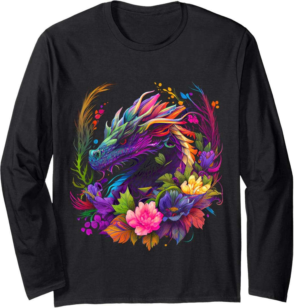 Watercolor Dragon Flowers Beautiful Art Colorful Graphic Long Sleeve T-Shirt, Large