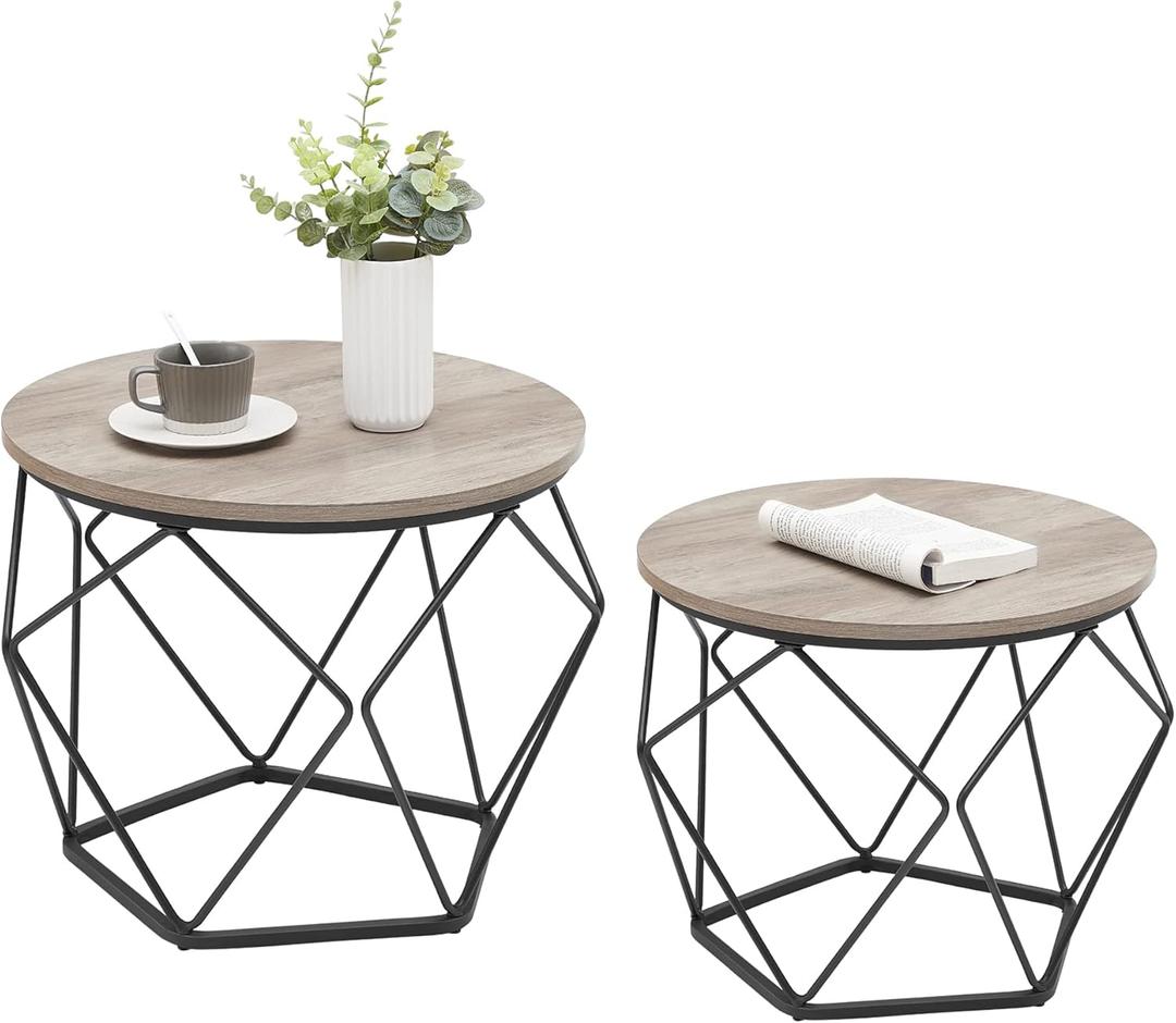 VASAGLE Small Coffee Table Set of 2, Round Coffee Table with Steel Frame, Side End Table for Living Room, Bedroom, Office, Greige and Ink Black (19.7Dia. x 15.7H, Greige + Ink Black)