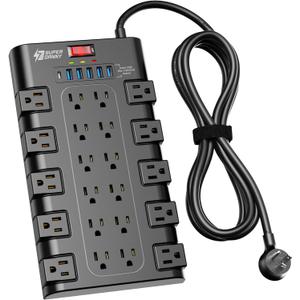 Power Strip, SUPERDANNY Surge Protector with 22 AC Outlets and 6 USB Charging Ports, 1875W/15A, 2100 Joules, 6.5Ft Flat Plug Heavy Duty Extension Cord for Home, Office, Dorm, Gaming Room, Black