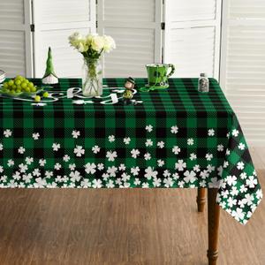 Horaldaily St. Patrick's Day Rectangular Tablecloth 60×104 Inch, Buffalo Plaid Shamrock Lucky Washable Table Cover for Party Picnic Dinner Decor