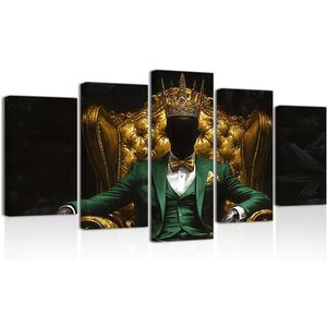 BJYCHG 5 Pieces Black Man Wall Art African American Pictures Gold Crown Paintings Black King Canvas Prints Afro Art for Men Bedroom Framed (Green, 8x14inx2 8x18inx2 8x22inx1)