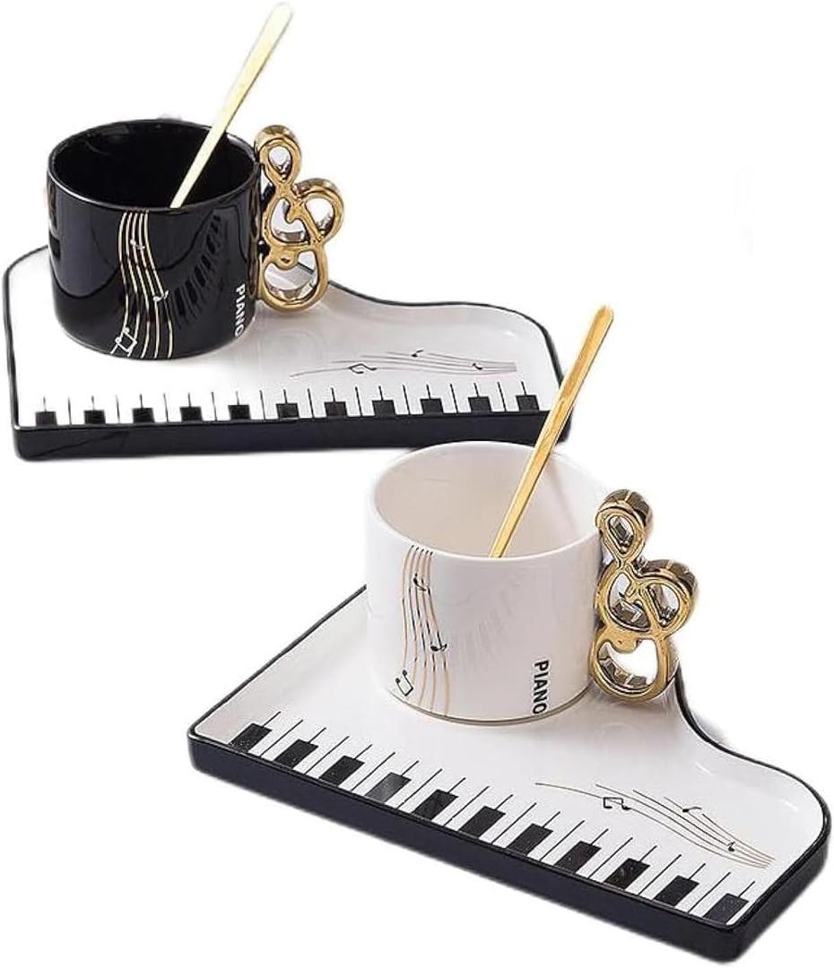 Creative Piano Coffee Mug Ceramic Tea Mug With Saucer and Spoon Coffee Mugs for Office and Home 6.5 oz/200 ml for Tea Latte Milk Holiday Gift (White)
