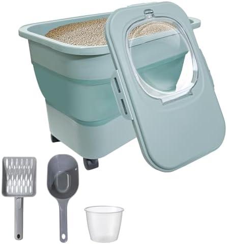 Collapsible Cat Litter Storage Container with Rolling Casters,20 Lbs Cat Litter Storage with Wheels,Airtight Lids,Cat Litter Shovel,Portable Cat Litter Storage Bin Container,BPA Free (Green)