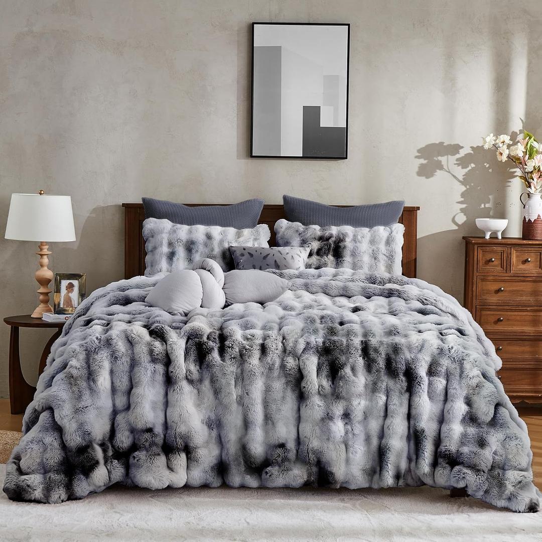 Wonderful 3 Pieces Fluffy Faux Rabbit Fur Bubble Comforter Set Queen Size, Tie-Dyeing Multiple Grey Plush Fuzzy Bedding Set, Warm Soft Bubble Comforter Bedding Set for Winter