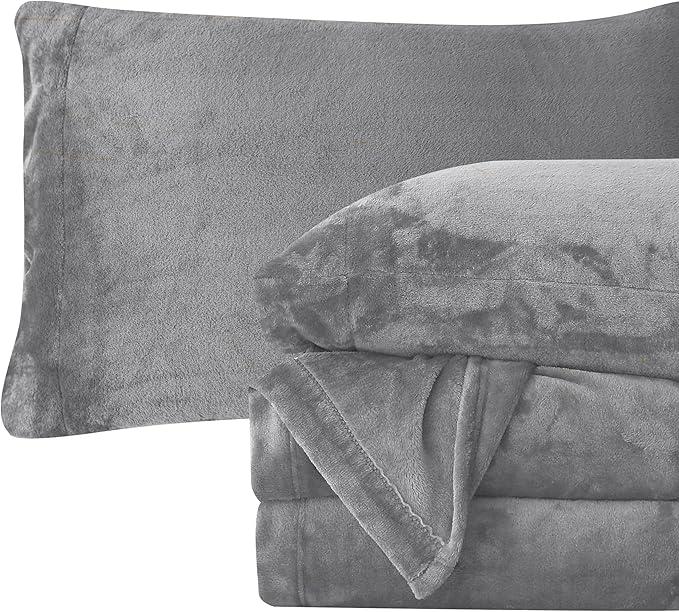 Elegant Comfort Luxuriously Soft 4-Piece Velvet Plush Flannel Sheet Set - Premium Quality - Cozy Warm, Anti-Static, Non Pilling Fuzzy Velvet Flannel Fleece Deep Pocket Sheet Set - Queen, Gray