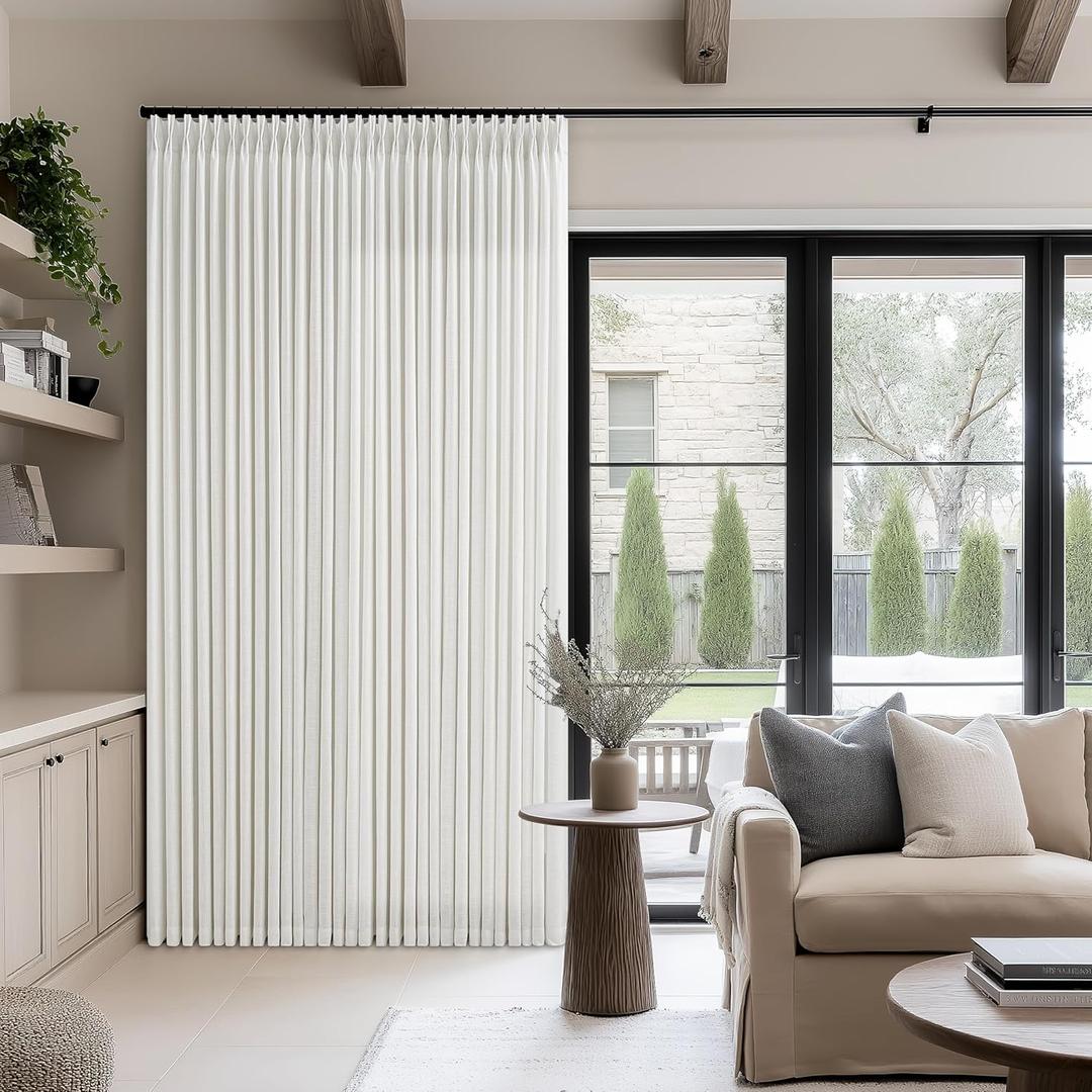 Beige White 100 Inch Wide Curtains 90 Inches Long for Living Room Light Filtering Semi Sheer Modern Farmhouse Pleated Curtain with Hooks Rings for Patio Sliding Door Dining Room Large Window 1 Panel