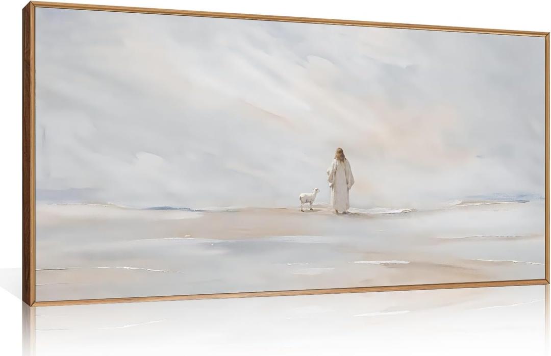 Watercolor Jesus Leaves the 99 Sheep Framed Canvas Wall Art-40"x20"