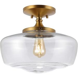 JONATHAN Y 14" Brass Gold Modern Farmhouse LED Flush Mount Light Fixture, Clear Glass Shade, Rustic Industrial Schoolhouse Lamp for Kitchen Hallway Bedroom (JYL7517B)