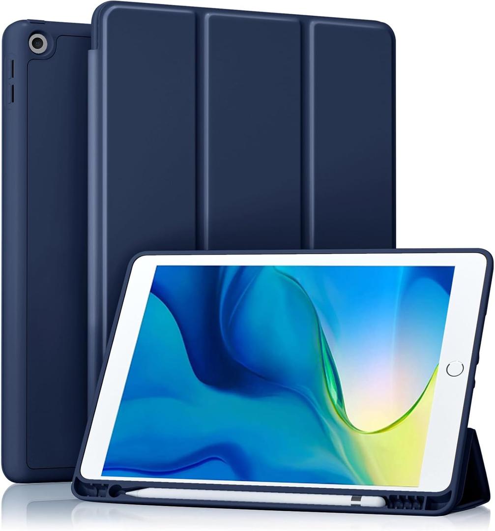 Akkerds Case Compatible with iPad 10.2 Inch 2021/2020/2019, for iPad 9th/8th/7th Generation Case with Pencil Holder, Protective with Soft TPU Back, Auto Sleep/Wake Cover, Navyblue