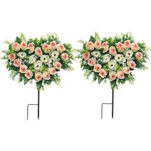Lodou 2 Sets Artificial Cemetery Flowers, Grave Memorial Flowers with Ground Spike,Heart Shaped Wreaths Rose for Artificial Rose Decoration for Cemetery Headstones Gravesites (Beige)
