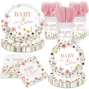 Baby in Bloom Baby Shower Decorations Tableware - 144pcs Baby in Bloom Plate and Wildflower Napkins, Floral Spring Themed for Wildflower Baby Shower Decorations Supplies (Pink)