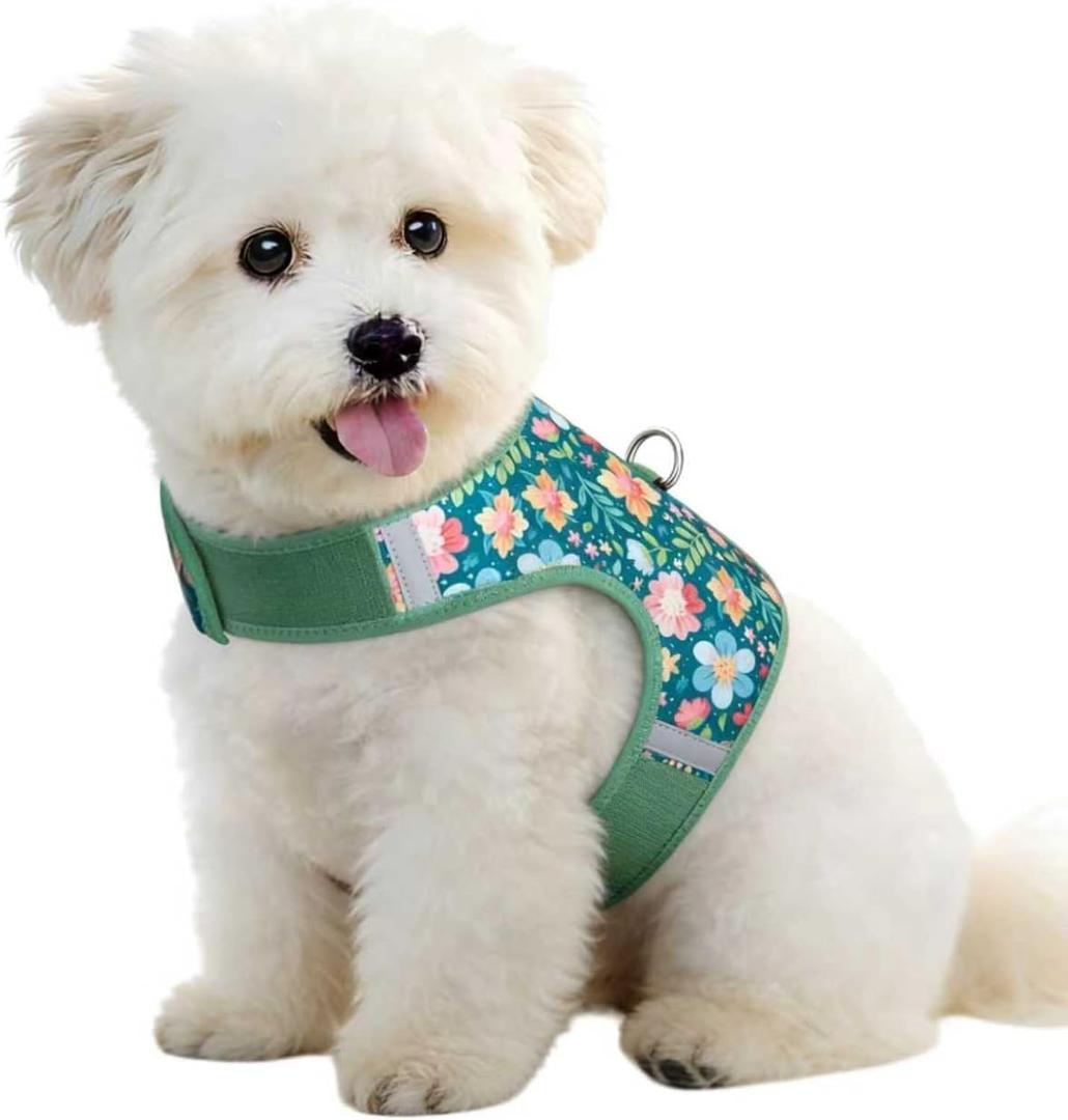 Dog Harness for Small Sized Dog,Hook-and-Loop Easy On/Off, Reflective Adjustable Soft Mesh Vest for Puppy (Green Floral Print,M) (M(Neck:12.5-14.4",Chest:18.7-21.0"))