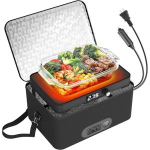 Portable Oven, 12V 24V 110V-240V Car Food Warmer Portable Personal Mini Oven Electric Heated Lunch Box for Meals Reheating & Raw Food Cooking for Road Trip/Camping/Picnic/Family Gathering(Black)