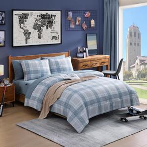 Full Size Comforter Sets, Light Blue Plaid Bedding Set 7 Piece for Boys Girls Teen, Classic Homestead-Style Kids Comforter Set Bed in A Bag with Sheets, Pillowcases & Shams