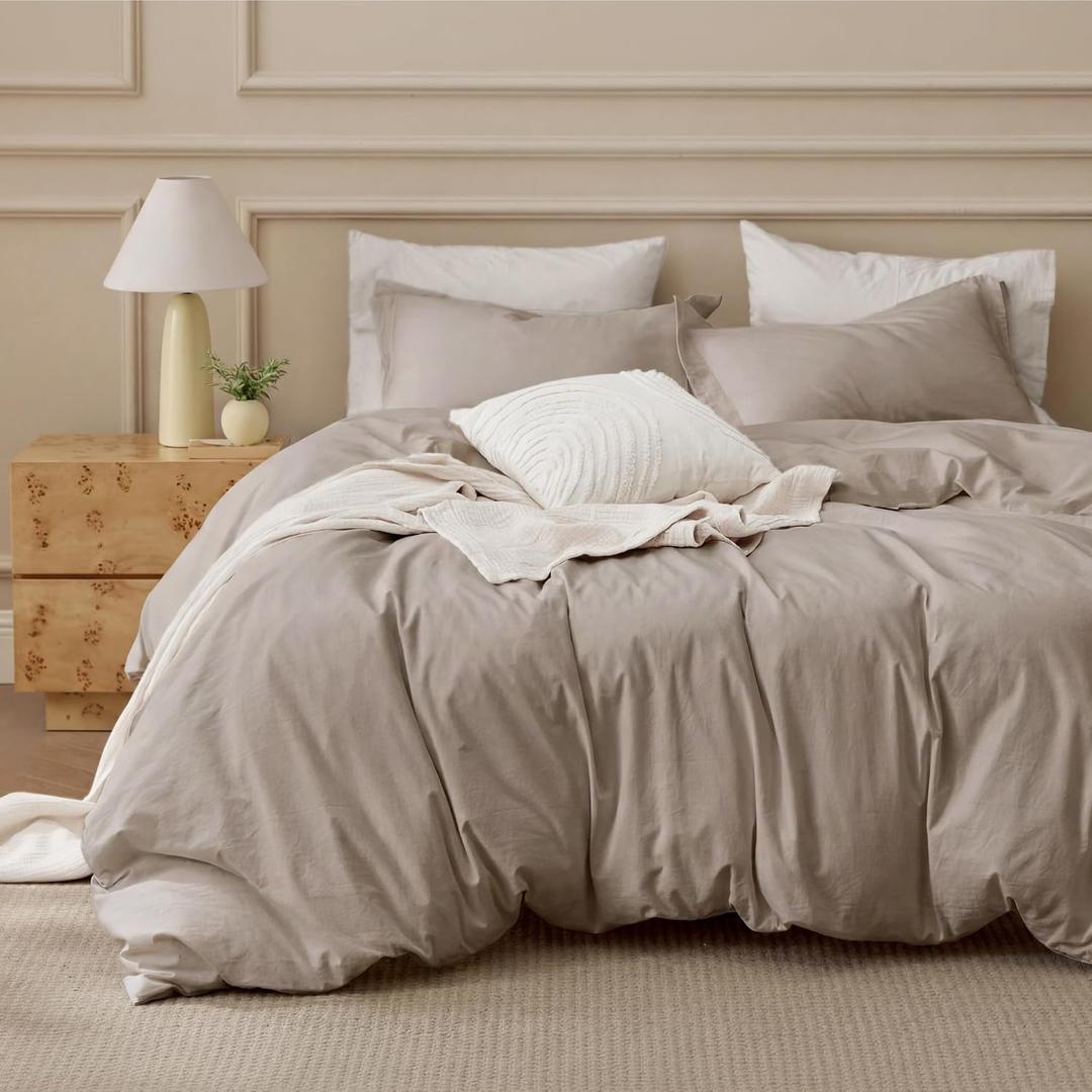 Bedsure 100% Washed Cotton Duvet Cover Oversized Queen - Tannish Linen Grey Minimalist Cotton Duvet Cover Set for All Seasons - Plain Simple Bedding Set (Tannish Linen Grey, Oversized Queen, 98"x98")