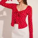 Women Y2k Polka Dot Bow Tie Front Split Hem Peplum Crop Tops Coquette Sweetheart V Neck Long Sleeve Fall Shirts (Red, S)