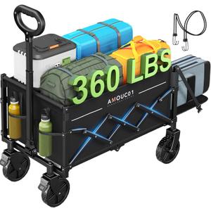 AMADA HOMEFURNISHING Wagon Cart Foldable, Collapsible Wagon Cart with 360 LBS Max Load & Expandable Storage, Sturdy Foldable Grocery Cart with 2 Cup Holders for Outdoor, Groceries, Garden & Camping