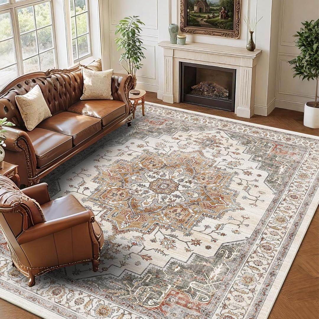 8x10 Area Rugs for Living Room Ultra-Soft Washable Rug Vintage Distressed Boho Area Rug, Non-Slip Low Pile Stain Resistant Carpet for Bedroom Dining Room Kitchen Office (Orange/Gray)