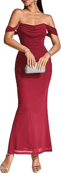 KUTUMAI Off The Shoulder Maxi Long Dress Corset Ruched Bodycon Cocktail Formal Wedding Guest Dresses for Women, Size M