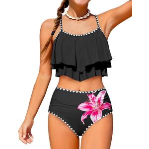 Girls Swimsuit Bikini Set 2 Piece Bathing Suit Tiered Ruffled Contrast Trim Adjustable Straps Girls Swimwear, Size: 13-14 Years