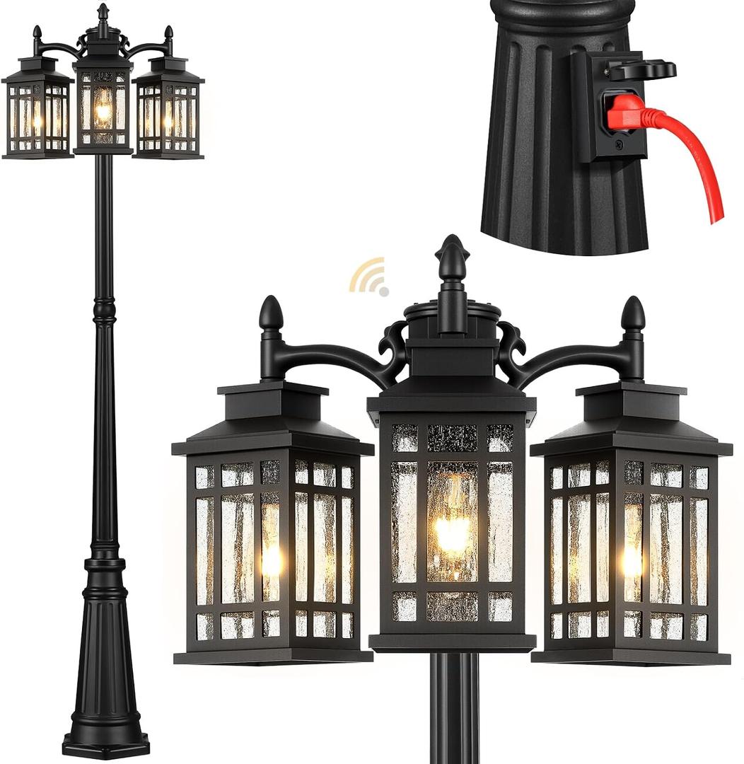 3-Head Outdoor Lamp Post Light with Outlet, 100% Aluminum Anti-Rust