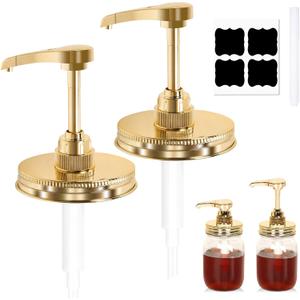 Maple Caramel Honey & Syrup Dispenser Pump fit 3.38 Inch Wide Mouth Mason Jar, Rust Proof, Food Safety Plastic Dispenser Stainless Steel Lid,Chalk & Sticker,Golden Houjioes(2 Pack)
